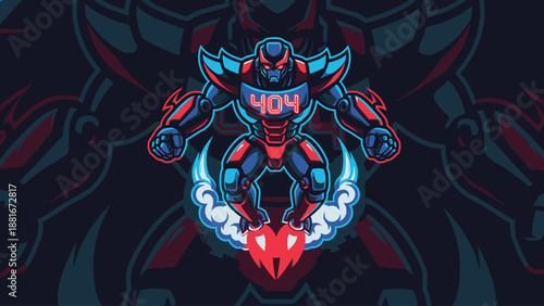 404 Error Robot Mascot Flying - Aggressive Futuristic Cyborg Gaming Esport Logo Design