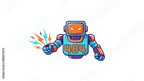 Angry 404 Error Robot Mascot Illustration with Lightning Fist, Page Not Found Concept, Glitch or Server Failure Icon