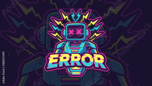 Neon Robot Error Mascot Vector Illustration. Glitch AI Breakdown Concept in Synthwave Cyberpunk Style with Lightning Bolts and CRT Screen Failure.