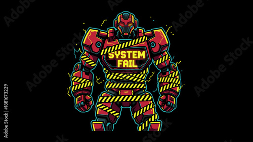System Fail Mech Robot Error Warning. Cartoon illustration of a giant futuristic red cyborg suit wrapped in yellow caution tape on black background.