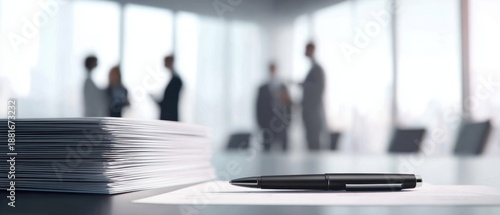The Pen on Desk with Documents and Blurred Business Meeting in Background