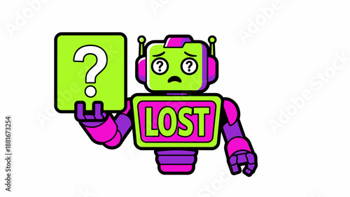 Neon Lost Robot Mascot with Question Mark Sign. AI Error, 404 Page, or Technical Difficulty Concept in Retro Sticker Style.