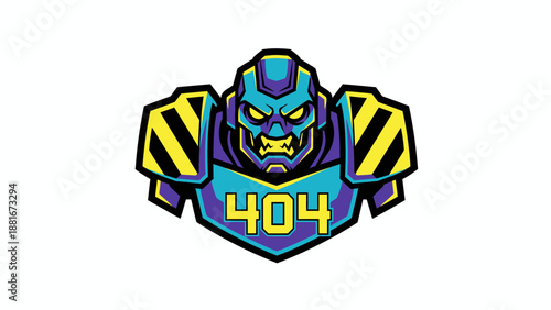 Aggressive 404 Error Robot Mascot Logo Design. Cyberpunk Mech Warrior Face E-Sports Vector Illustration.