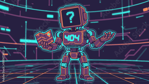 404 Error Page Robot Mascot. Lost Cyborg Character on Digital Grid Background. Neon Tech Illustration.