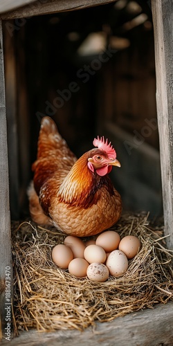 Charming rustic farm scene with a brown hen resting on a nest of eggs in a cozy wooden chicken coop © Ilja
