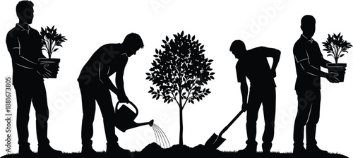 Black silhouette people planting tree gardening teamwork eco friendly environment conservation vector illustration set for adobe stock sustainability concept design