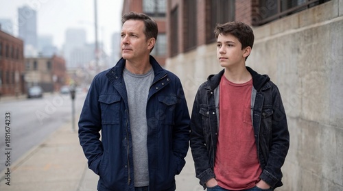 Father and teenage son standing side by side with thoughtful mood in city  