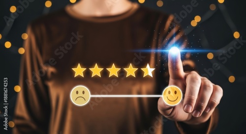 Customer Experience Evaluation: Woman Selecting Five-Star Rating via Digital Interface for Quality Satisfaction