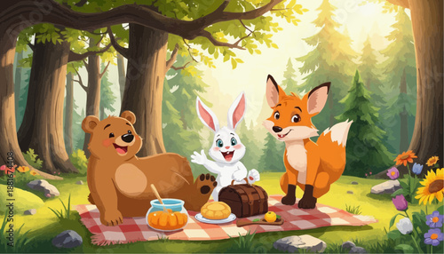 Cute cartoon animals having a picnic in a sunny forest with colorful flowers