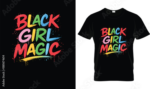 Black Girl Magic Colorful Typography Design, Bold Hand Painted Lettering on Black Background, Empowerment Message for African American Women, Modern Feminine Inspirational Artwork