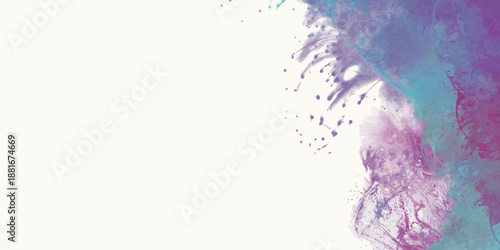 Dynamic abstract artwork with turquoise and purple paint splashes on white background, expressing creativity, motion, and modern artistic energy. vector