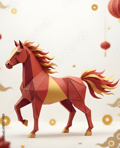 3D Origami Fire Horse Chinese Zodiac in Red and Gold for Lunar New Year