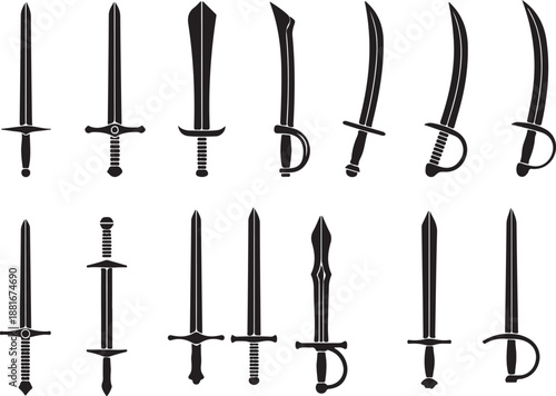 Collection of Sword Silhouettes, Medieval and Pirate Weapons, Isolated on white background