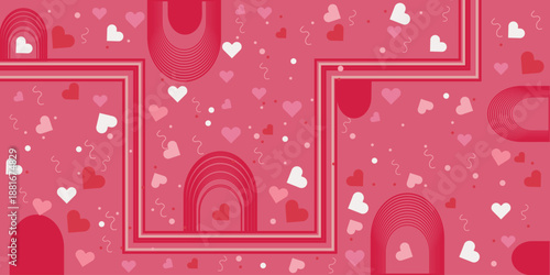 Print Abstract Valentine’s Day  wish card Pattern with Hearts and Geometric Arches