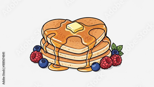Heart shaped pancakes stack with butter and syrup decorated with fresh berries perfect for breakfast or Valentines Day concept