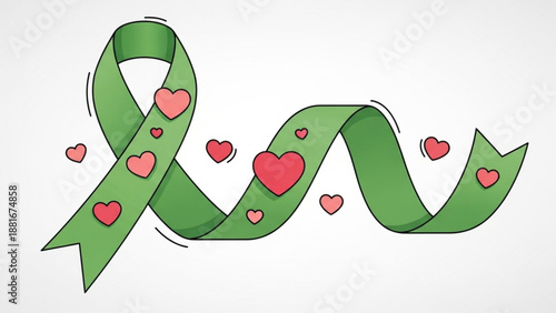 Green awareness ribbon with pink hearts symbolizing support and love for health causes isolated on white background
