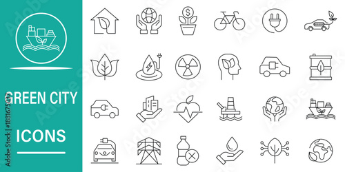Green city line icon set showing recycling, efficiency, smart grid, sustainability, net zero, ecologic, solar panels and more. Perfect for environmental. Vector illustration.