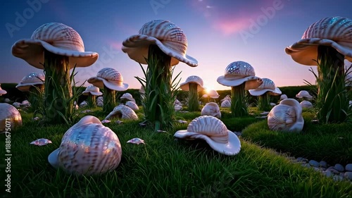 Whimsical fantasy landscape features bizarre seashell-capped mushrooms growing vibrantly in lush green grass at twilight.
