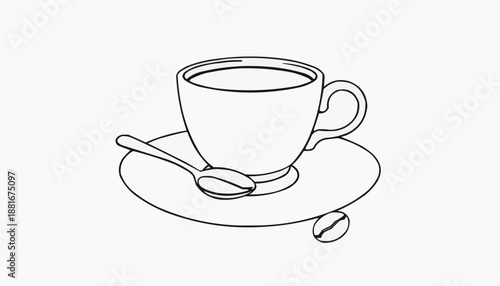 Simple line art illustration of a coffee cup on a saucer with a spoon and coffee bean