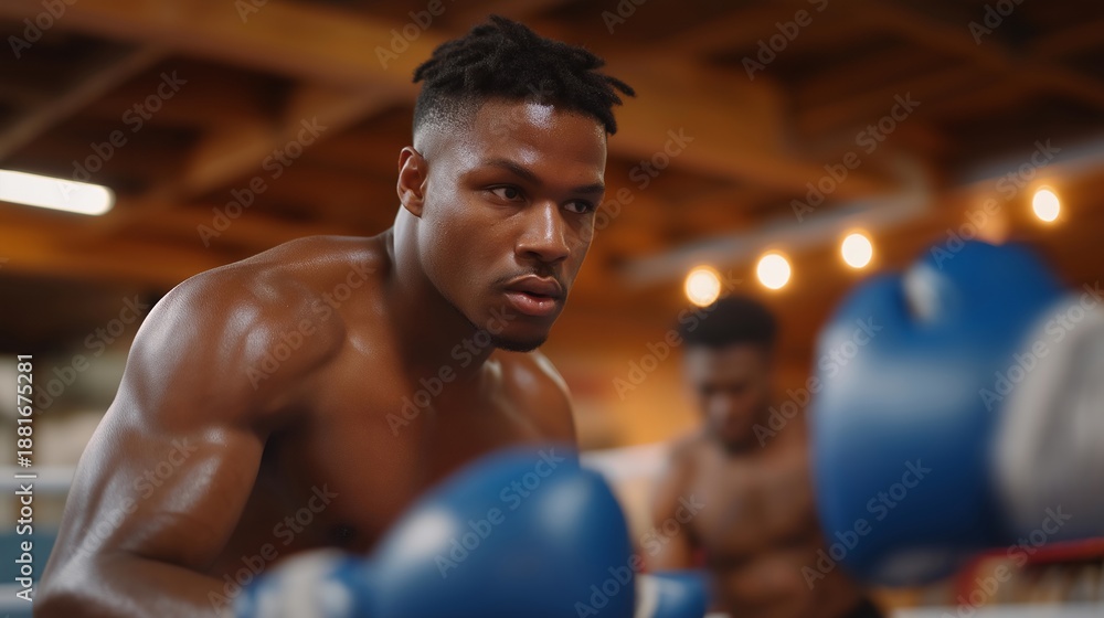Fototapeta premium A group of boxers in a boxing gym participating in a competitive sparring match, showcasing the physical intensity and strategy involved in the art of boxing and the pursuit of excellence.
