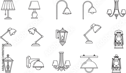 Collection of Vintage and Modern Lamps and Lanterns, Various Styles, Isolated on white background
