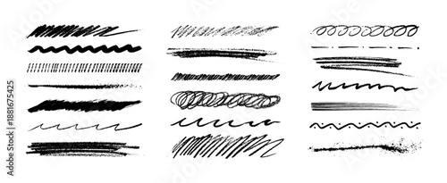 Beautiful Crayon Brushes, Rough Underlines, and Hand-Drawn Line Strokes Set. Set of rough charcoal and crayon underlines, straight strokes, squiggles, and scribbles. Vector graphic highlighter set.