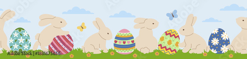 Cute cartoon bunnies gathering around vibrant Easter eggs amidst a grassy landscape in this delightful vector illustration, conveying a fun and festive springtime atmosphere.