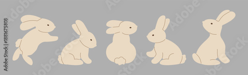 Vector illustration featuring five adorable bunnies in different playful poses on a neutral background. Perfect for playful designs, children s themes, or springtime projects.