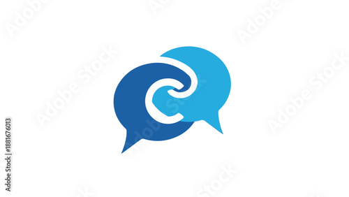 A blue and white logo featuring two overlapping speech bubbles with a swirling design on a white background.