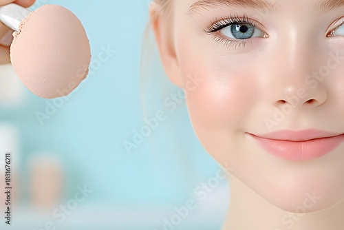 Young girl with blue eyes and light skin is applying makeup using a soft sponge, showcasing a beauty routine in a bright, serene environment with pastel colors