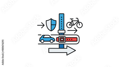 Flat lay illustration of transportation icons including a car, train, bicycle, and shield with arrows on a white background.