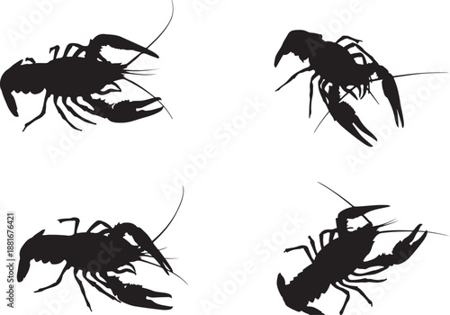 Four Black Crayfish Silhouettes in Different Poses, Isolated on White Background