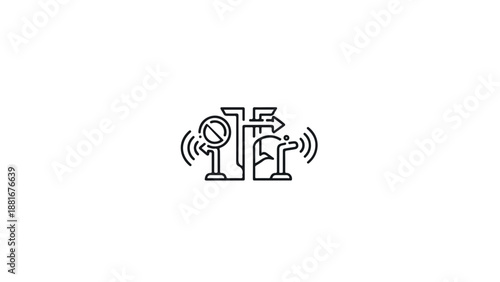 Line drawing of a simplified factory with industrial elements and wi-fi signals on a white background.