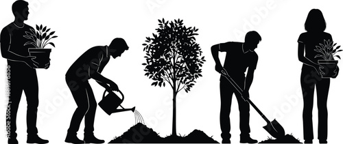 Black silhouette people planting tree gardening teamwork eco friendly nature conservation vector illustration set for adobe stock sustainable environment lifestyle