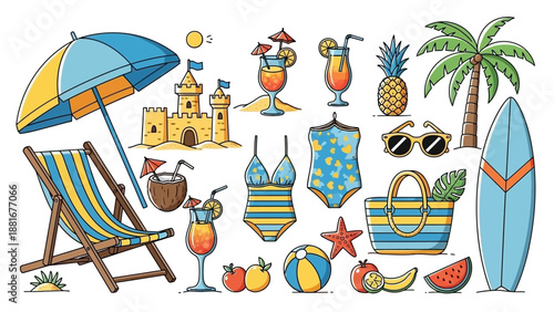 Vibrant Summer Beach Vacation Icons and Elements for Tropical Getaway Design