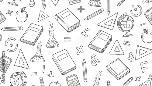 Seamless Doodle Pattern of School Supplies and Math Symbols on White Background