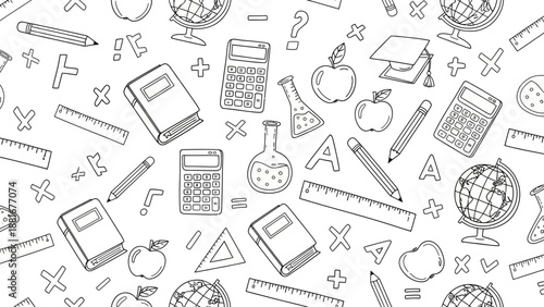 Seamless Pattern of Hand-Drawn School Supplies and Educational Icons