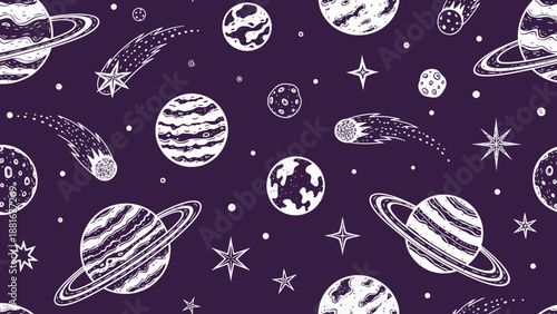 Seamless Pattern of Hand-Drawn Space Objects, Planets, and Stars on a Dark Background