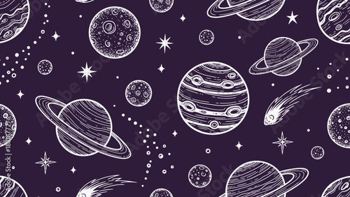 Seamless Pattern of Planets, Stars, and Comets in Hand-Drawn Style on Dark Background