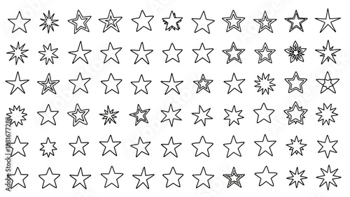 Diverse Collection of Star Icons and Symbols in Black and White Outline Style