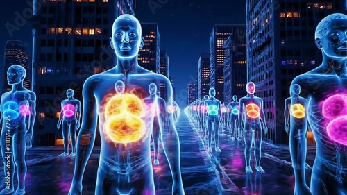 Holographic digital representations of human bodies with glowing internal organs walk through a futuristic, neon-lit cityscape at night