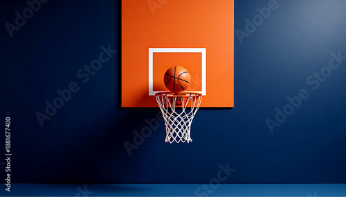 Vibrant basketball court featuring a basketball ball floats standing on a basket rim of a hoop against orange and navy blue wall