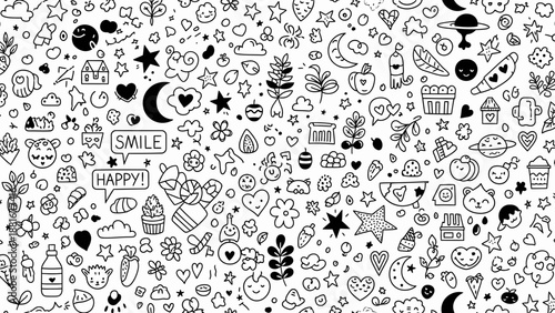 Cute Hand-Drawn Doodle Pattern of Kawaii Objects, Food, and Nature Elements