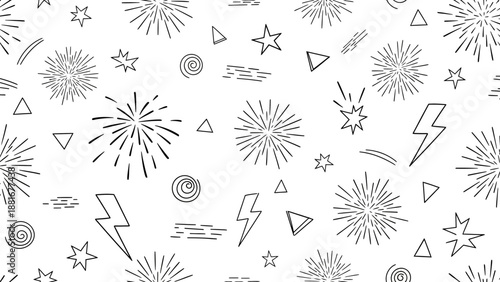 Seamless Pattern of Hand-Drawn Fireworks, Stars, and Lightning Bolts on White