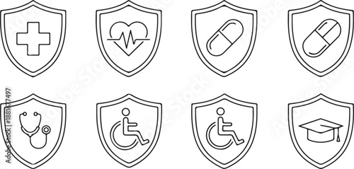 Medical Shield Icons: Cross, Heartbeat, Pill, Stethoscope, Wheelchair, Graduation Cap Isolated on white background