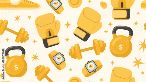 Golden Fitness Equipment and Accessories Seamless Pattern on a Light Background
