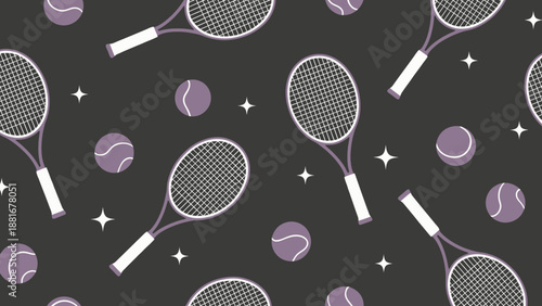 Tennis Rackets and Balls Seamless Pattern with Stars on Dark Background