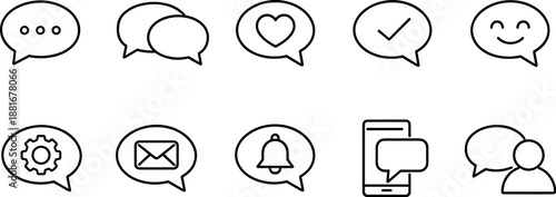 Communication and messaging icons set. Chat, message, notification, email and sharing outline symbols