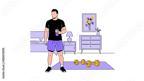 Man Standing with Drink and Dumbbells at Home, Ready for Workout