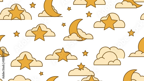 Seamless Pattern of Cute Cartoon Moon, Stars, and Clouds for Kids Bedding